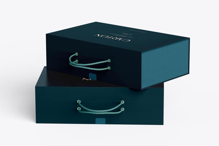 Teal sleeve and tray rigid box with rope pull tab — drawer packaging UAE