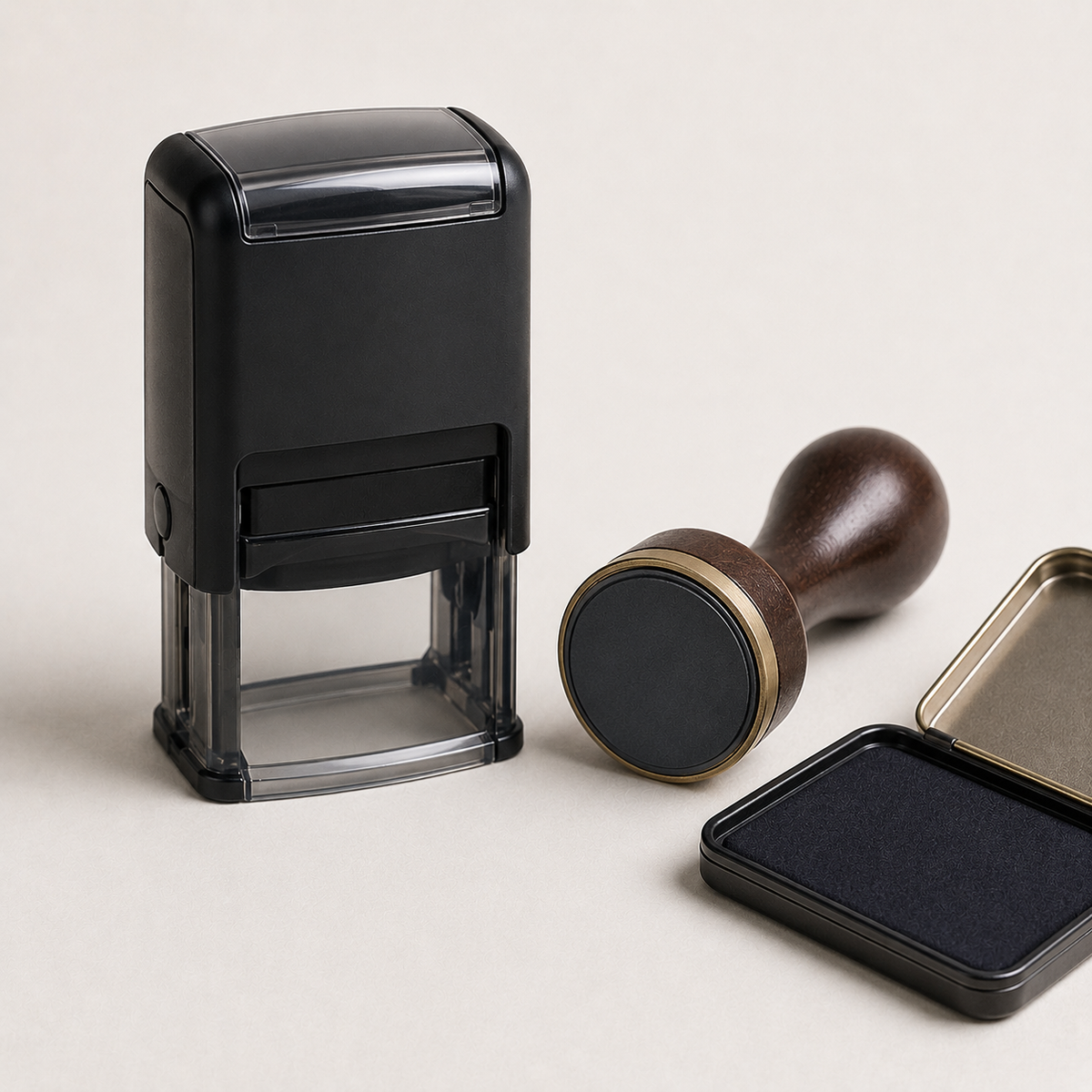 Self-inking stamps and wooden-handle rubber stamp with logo impression — custom stamps Dubai