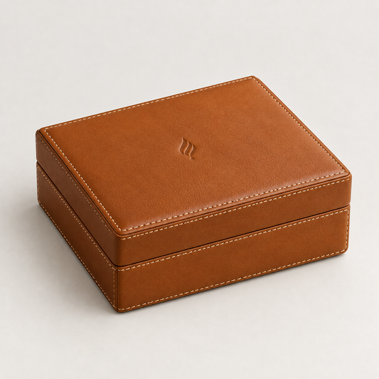 Cognac leather gift box with contrast saddle stitching, closed — custom leather gift boxes Dubai