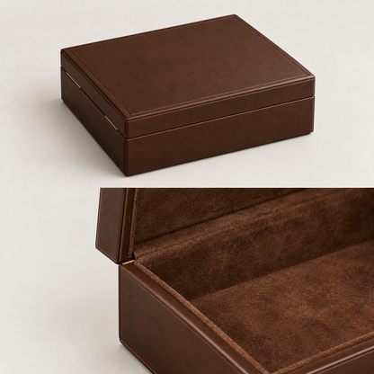 Chocolate-brown leather box closed and suede lining detail — custom leather presentation boxes Dubai