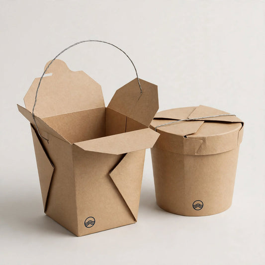 Kraft noodle-style takeaway pail with wire handle open, second pail closed with navy logo mark — custom takeaway pail packaging Dubai