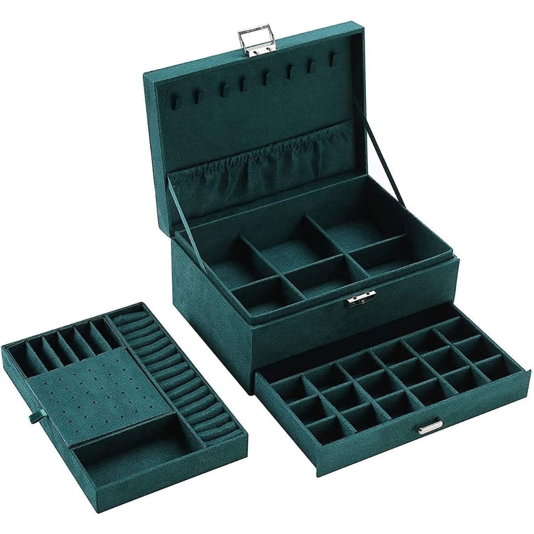 Custom green velvet two-tier jewellery organizer box with drawer — ALEF UAE