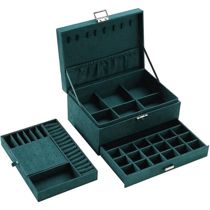 Custom green velvet two-tier jewellery organizer box with drawer — ALEF UAE