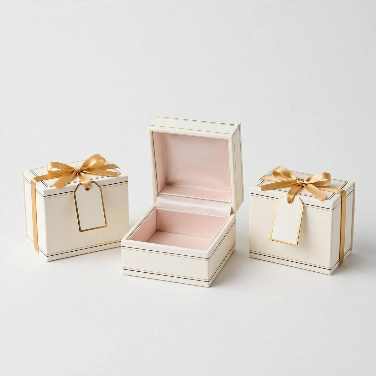 Three ivory miniature wedding favour boxes with gold ribbon bows and blush satin lining — custom wedding favour boxes Dubai
