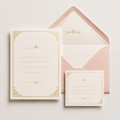 Wedding invitation suite with gold foil border and lined envelope — wedding invitation printing Dubai